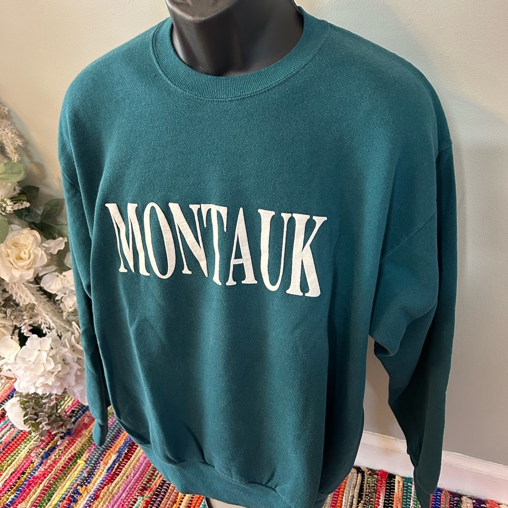 80s Montauk Puff Print Crewneck Sweatshirt Teal Green Jerzees Vintage XL - Picture 2 of 6